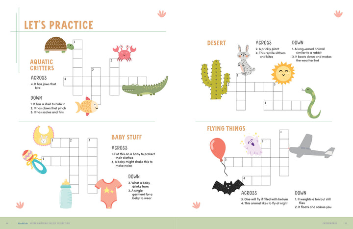 The KindKids Super Awesome Puzzle Collection by Schiffer Publishing, Ltd. offers brain-boosting crossword pages with four themes—aquatic critters, baby stuff, desert, and flying things—plus playful illustrations to engage young learners.