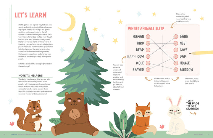 A cheerful illustration of woodland animals around a pine tree with stars appears on the right. The KindKids Super Awesome Puzzle Collection by Schiffer Publishing, Ltd. teaches where animals sleep—perfect for brain-boosting kids’ activities.