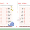 The KindKids Super Awesome Puzzle Collection by Schiffer Publishing, Ltd. features illustrated worksheets with playful pastel drawings—Animal Traits on the left, Baby Animals on the right—ideal for a kids activity book packed with brain-boosting puzzles.
