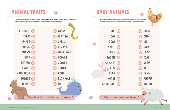 The KindKids Super Awesome Puzzle Collection by Schiffer Publishing, Ltd. features illustrated worksheets with playful pastel drawings—Animal Traits on the left, Baby Animals on the right—ideal for a kids activity book packed with brain-boosting puzzles.
