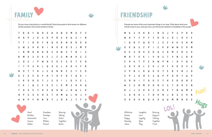 From the KindKids Super Awesome Puzzle Collection by Schiffer Publishing, Ltd., this word search includes Family and Friendship sections, each with a word grid, themed lists, and playful heart and cartoon family graphics.