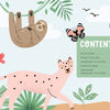 The KindKids Super Awesome Sticker Activity Book by Schiffer Publishing, Ltd. features a playful jungle scene with a sloth, toucan (on the “Contents” sign), cheetah, butterfly, and birds among lush plants—plus a helpful contents list for papercraft fun.