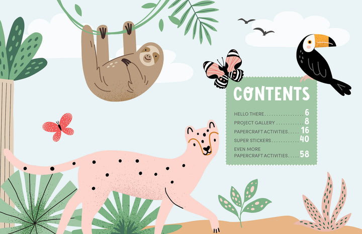 The KindKids Super Awesome Sticker Activity Book by Schiffer Publishing, Ltd. features a playful jungle scene with a sloth, toucan (on the “Contents” sign), cheetah, butterfly, and birds among lush plants—plus a helpful contents list for papercraft fun.