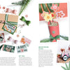 A craft book spread features a wrapped gift, handmade paper bows, floral gift tags, and origami fortune tellers—plus stickers from the KindKids Super Awesome Sticker Activity Book by Schiffer Publishing—arranged on white with green foliage.