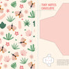 A printable envelope template with pink and green florals and butterflies on the left, plus a pink cut-out with folding guides on the right. Great for papercraft or pairing with Schiffer Publishing's KindKids Super Awesome Sticker Activity Book. Text: Tiny Notes Envelope.