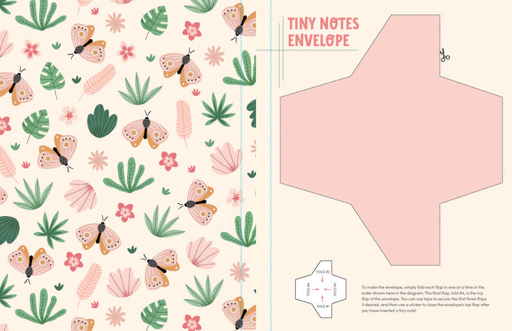 A printable envelope template with pink and green florals and butterflies on the left, plus a pink cut-out with folding guides on the right. Great for papercraft or pairing with Schiffer Publishing's KindKids Super Awesome Sticker Activity Book. Text: Tiny Notes Envelope.