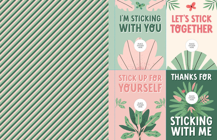 A graphic with diagonal green, pink, and cream stripes on the left and four plant-themed cards from Schiffer Publishing's KindKids Super Awesome Sticker Activity Book on the right, each card featuring motivational phrases like “I’m sticking with you.”.