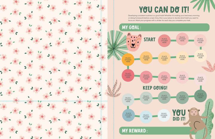 The KindKids Super Awesome Sticker Activity Book by Schiffer Publishing, Ltd. is a motivational habit tracker for kids, featuring pastel floral patterns, animals, plants, sticker rewards, goal sections, and pairs perfectly with the KindKids sticker book.