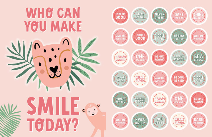 The KindKids Super Awesome Sticker Activity Book by Schiffer Publishing, Ltd. features a pink graphic with a smiling leopard, a monkey, green leaves, the phrase “Who can you make smile today?” and 20 positive-phrase tokens—perfect for kindness crafts.