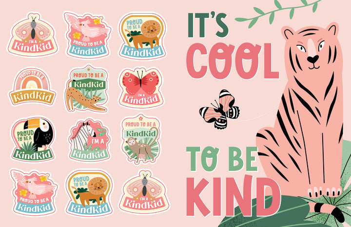 Add fun to your day with Schiffer Publishing, Ltd.'s KindKids Super Awesome Sticker Activity Book! Features animal illustrations, "Proud to be a Kind Kid," a pink tiger, butterfly, and "It's cool to be kind" on a leafy background. Perfect for sticker lovers!.