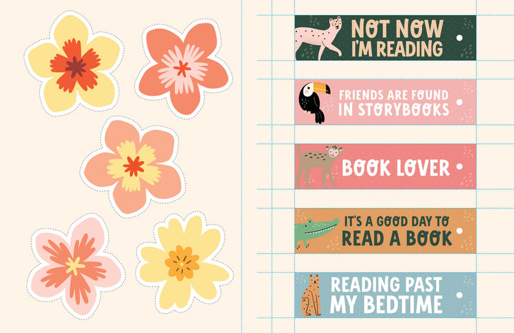Colorful floral cutouts are on the left, while on the right is Schiffer Publishing, Ltd.'s KindKids Super Awesome Sticker Activity Book featuring animal illustrations and reading-themed messages like “Not now I’m reading” and “It’s a good day to read a book.”.