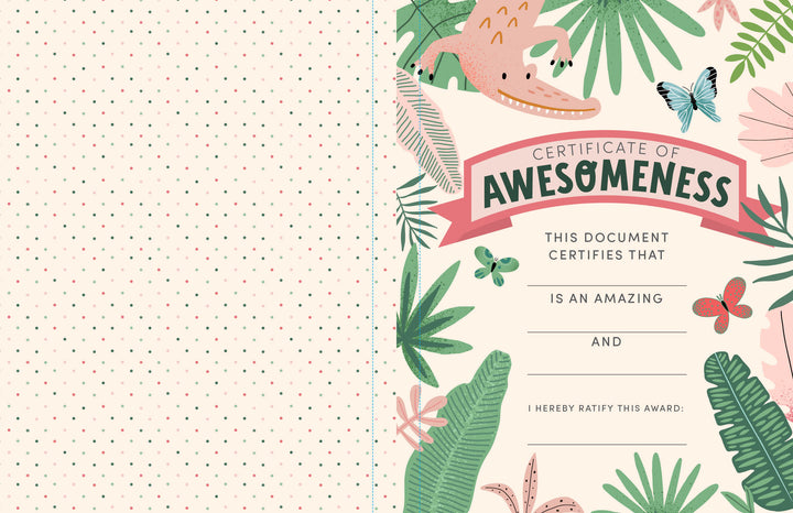 The KindKids Super Awesome Sticker Activity Book by Schiffer Publishing, Ltd. features cute plant and animal decorations with blank spaces for the recipient’s name and award purpose—perfect to pair with kindness crafts or a papercraft activity kit.