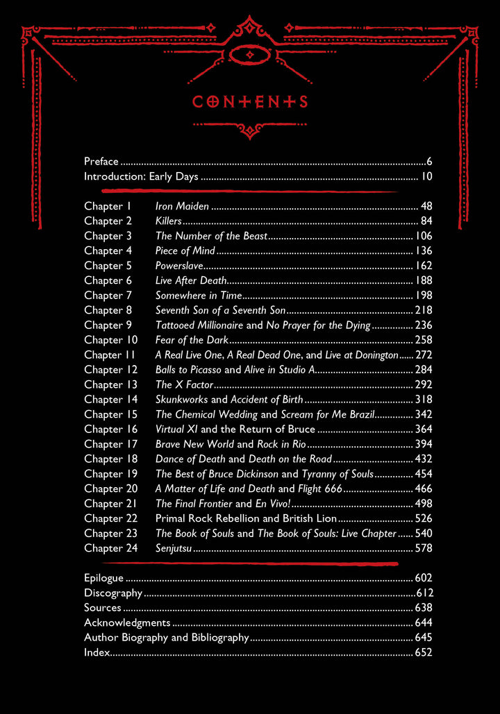 The table of contents from *Hallowed By Their Name: The Unofficial Iron Maiden Bible* (Schiffer Publishing, Ltd.) lists chapters like “Killers,” “Live After Death,” and more—ideal for Iron Maiden fans and music journalist Martin Popoff.