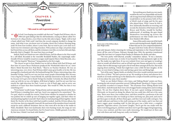 A spread from Hallowed By Their Name: The Unofficial Iron Maiden Bible (Schiffer Publishing, Ltd.) shows text with an ornate "CHAPTER 5 Powerslave" heading and a color photo of five men beneath a sign reading "IANNO.