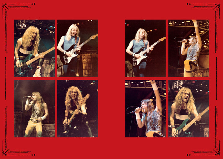 Eight photos of rock band members performing with guitars and vocals, set against a red backdrop with a black border, capture the electrifying energy celebrated in "Hallowed By Their Name: The Unofficial Iron Maiden Bible" by Schiffer Publishing, Ltd.