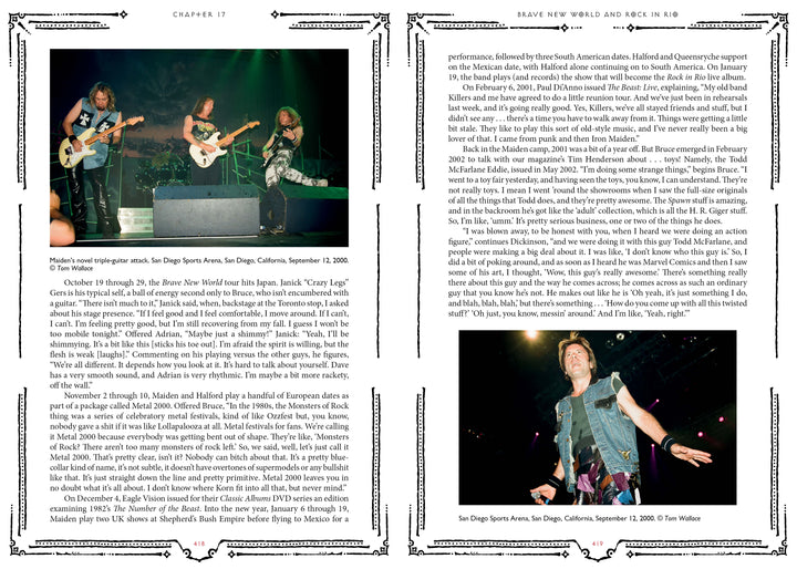 Two pages from "Hallowed By Their Name: The Unofficial Iron Maiden Bible" (Schiffer Publishing, Ltd.) show three guitarists on stage at left and a close-up of the lead singer at right, framed by text—possibly by Martin Popoff.