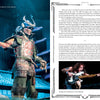 On the left, a costumed samurai performer raises a sword; on the right, a page from "Hallowed By Their Name: The Unofficial Iron Maiden Bible" (Schiffer Publishing) shows a photo of a bassist crouched mid-solo on stage.