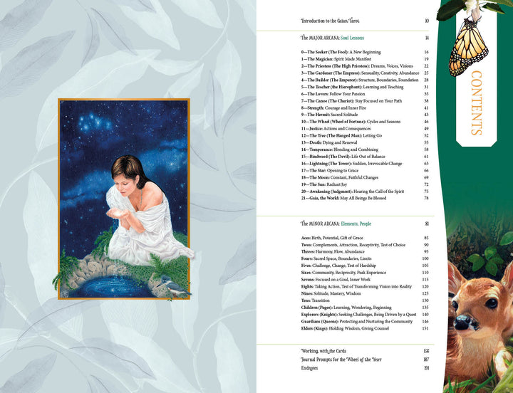A woman in white kneels by a pond under a starry sky as a deer looks on. On the right, the Gaian Tarot table of contents from Schiffer Publishing, Ltd. displays sections, page numbers, and a butterfly tab reflecting earth-centered spirituality.
