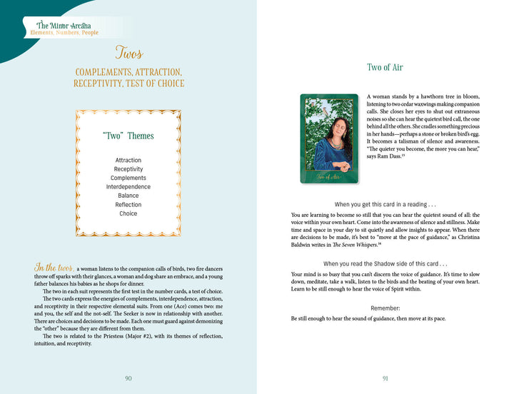 A spread from the Gaian Tarot by Schiffer Publishing, Ltd. features a photo of a woman on grass with trees behind her. The left page covers the Two’s theme, while the right explains the Two of Air in this multicultural tarot deck.