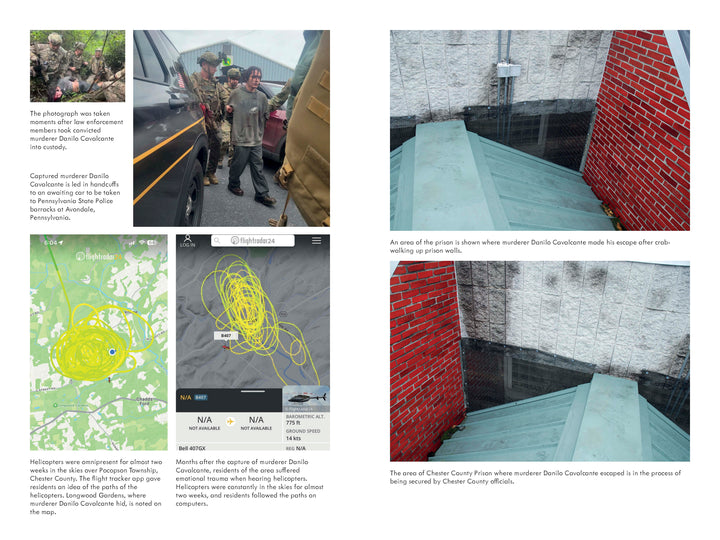 A collage of four images and maps from Schiffer Publishing, Ltd.’s "A Killer at the Door" illustrates the Danilo Cavalcante escape, showing police capture, helicopter search paths, and the rain-soaked roof behind Chester County's intense manhunt.