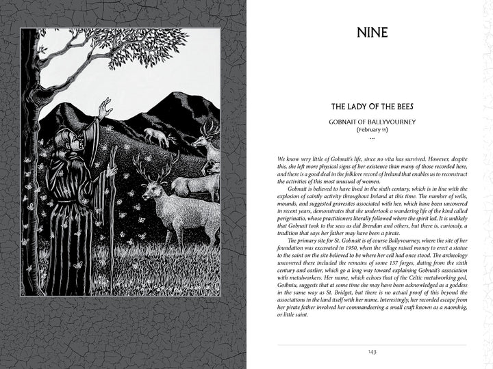 A black-and-white illustration inspired by Celtic saints features a robed woman with a staff, bees, a dog, cattle, and hills. From "Voyages with the Celtic Saints" by Schiffer Publishing, Ltd.