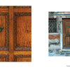Left: Close-up of an ornate door with decorative metalwork. Right: Weathered door with a mail slot and barred windows—capturing Venice’s charm from the book "Doors of Venice" by Schiffer Publishing, Ltd.