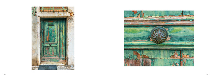 On the left, a weathered green wooden door with peeling paint; on the right, a close-up of its decorative metal shell and cracked wood—Door of Venice by Schiffer Publishing, Ltd. is perfect for any Venice photo book.