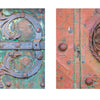 Close-up of two weathered Venice doors from "Doors of Venice" by Schiffer Publishing, Ltd.: the left has floral scrollwork and a mail slot, while the right shows a rope-like circle with a floral center—ideal for any Venice photo book.