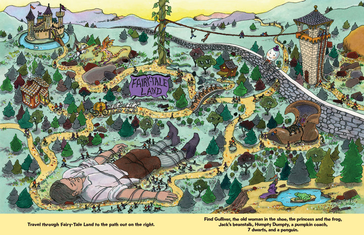 Maze Play by Schiffer Publishing, Ltd. features a vibrant map of Fairy-Tale Land—filled with castles, forests, and a giant beanstalk—creating an engaging interactive maze book that encourages critical thinking and sparks kids’ imaginations.