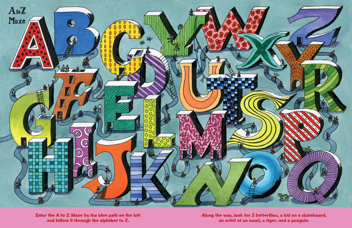 In "Maze Play" by Schiffer Publishing, Ltd., large, colorful 3D A-Z letters with unique patterns form a maze. Small characters walk a winding blue path amid butterflies and hidden animals. Text instructions are featured below the illustration.