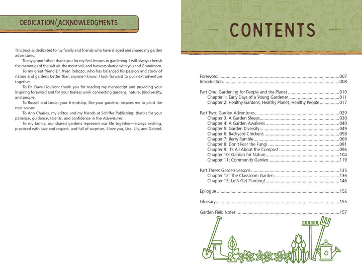 Image of *Adventures in Backyard Gardening* by Schiffer Publishing, Ltd., showing the dedication thanking family, friends, and mentors, plus contents featuring nature education—gardening for kids, garden adventures, glossary, notes, and green illustrations.