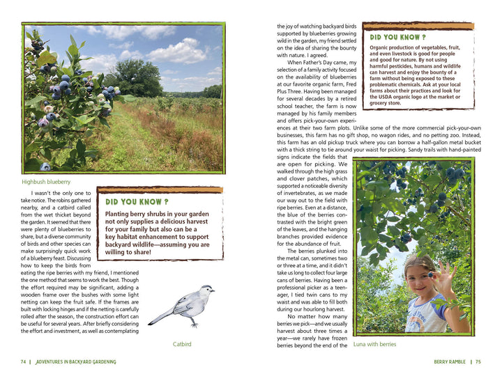 Adventures in Backyard Gardening" by Schiffer Publishing, Ltd. features text on berry growing, photos of blueberries, children picking berries—great for kids—and green Did You Know? fact boxes throughout the magazine spread.