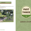 A two-page spread from Schiffer Publishing, Ltd.’s Adventures in Backyard Gardening: left page lists community agriculture resources with a lush garden photo for nature education; right page is a decorative title, Part Three: Garden Lessons.