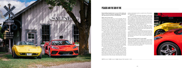 Two sports cars, including a striking Chevrolet Corvette from Schiffer Publishing, Ltd., are parked before a rustic building with a SALINE sign. Vintage railroad signs and the close-up of the red Corvette’s wheel add unique charm.