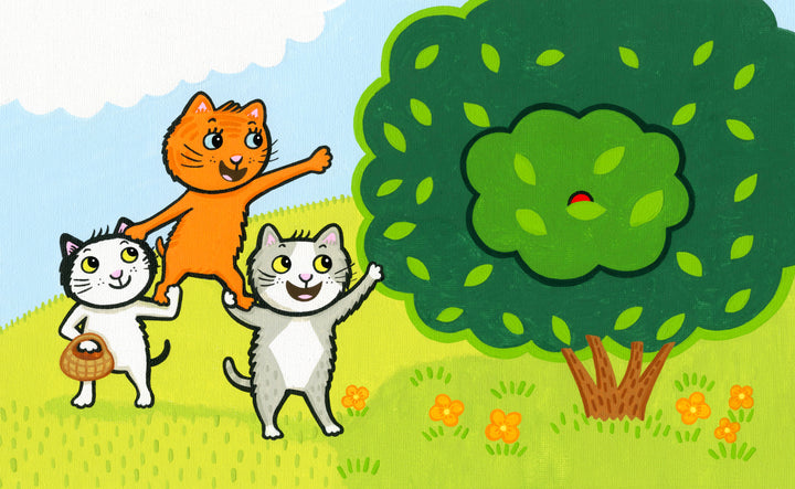 In Egg Hunt with Max and Moo (a Lift-the-Flap Book) from Schiffer Publishing, Ltd., three cartoon cats in a grassy field work together: one orange cat on another’s shoulders reaches for eggs in a tree, while a third cat holds a basket and smiles.