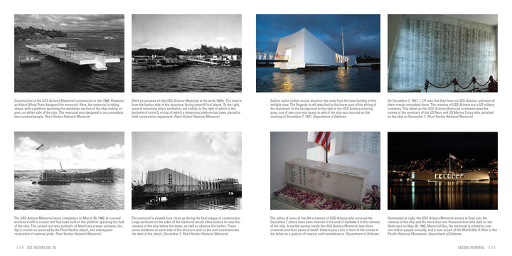 Schiffer Publishing, Ltd.’s USS Arizona (BB-39) is a photographic guide showcasing historic and modern photos, including construction scenes, memorial views over water, engraved names of lost sailors, and pre/post-Pearl Harbor images.