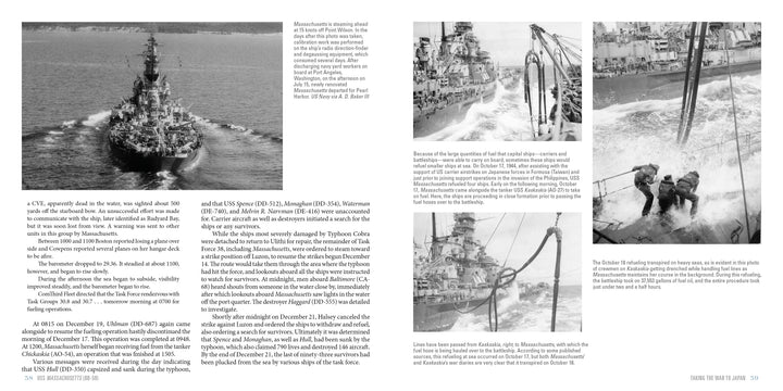 A two-page pictorial spread from Schiffer Publishing, Ltd.'s USS Massachusetts (BB-59) showcases black-and-white photos of battleships and sailors, with detailed text on World War II naval battles and ship movements.