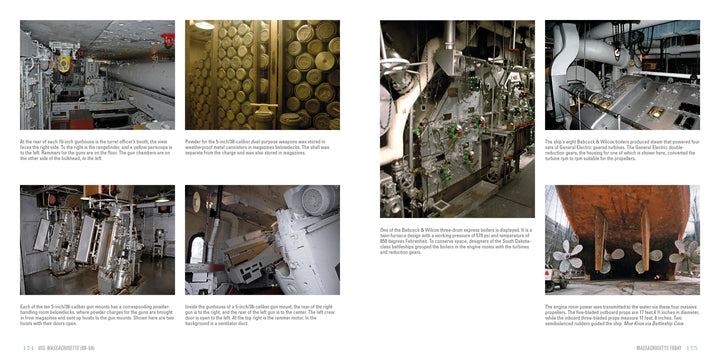 A two-page spread features photos and descriptions comparing submarine equipment—like torpedo storage, missile tubes, control panels, and propellers—to those on the USS Massachusetts (BB-59). Published by Schiffer Publishing, Ltd.