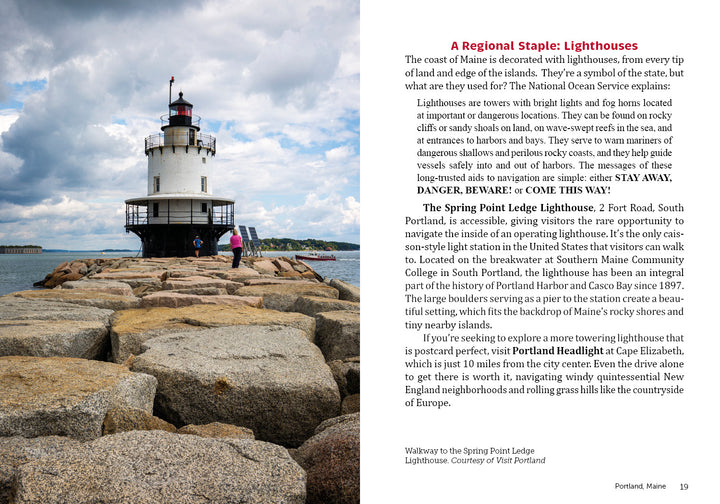 Gettin’ Nautical in New England by Schiffer Publishing, Ltd. features a white lighthouse with a black lantern at the end of a rocky walkway—capturing the iconic coastal scenery perfect for travel lovers and nautical enthusiasts alike.