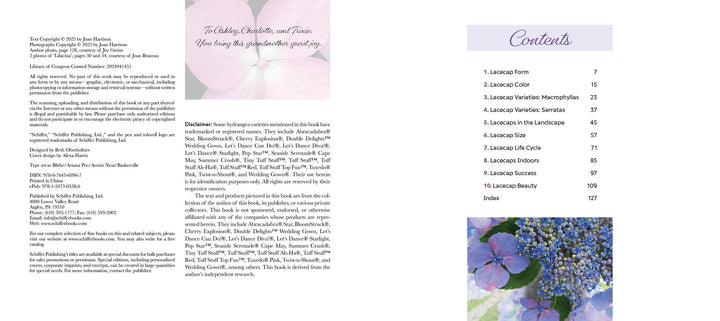 A two-page spread from "Lovely Lacecap Hydrangeas" by Schiffer Publishing, Ltd. shows copyright and dedication text over a faded hydrangea on the left, and a table of contents with home garden lacecap hydrangeas at the bottom right.