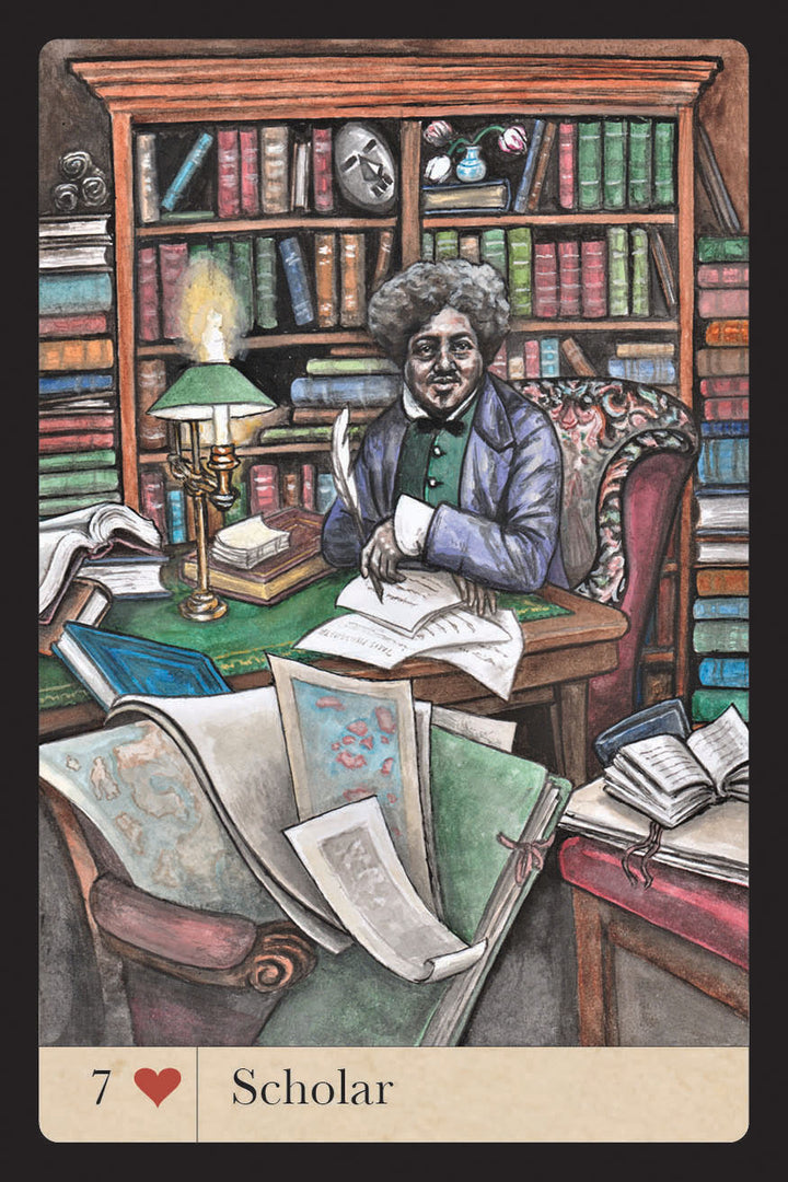 Seated at a desk filled with books and papers, a person writes with a quill—evoking imagery from The Magic Lantern Sibilla by Schiffer Publishing, Ltd.—as seen on the 7♥ Scholar card.