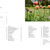 On the left, the table of contents for Sow, Grow, and Harvest by Schiffer Publishing, Ltd.; on the right, orange and pink ranunculus flowers bloom in a sunlit green garden—ideal for DIY bouquets.