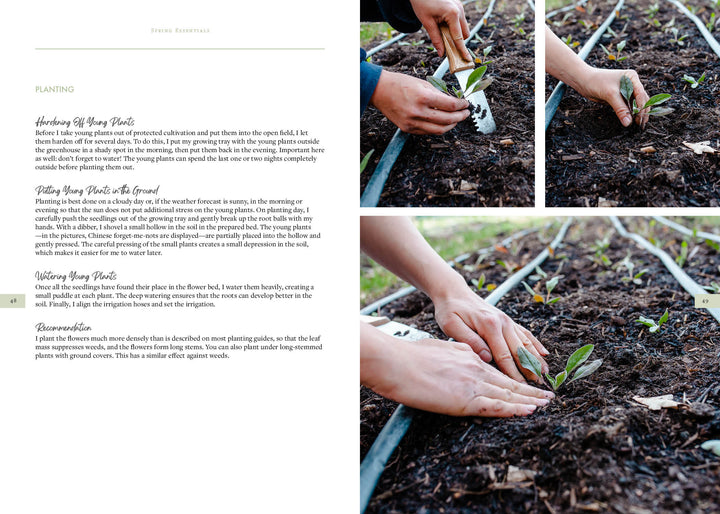 Close-up photos from Schiffer Publishing, Ltd.'s "Sow, Grow, and Harvest" show hands planting a seedling—placing it, adding soil, and patting it down—perfect for flower gardening or DIY bouquets. Irrigation tubing runs in the background.