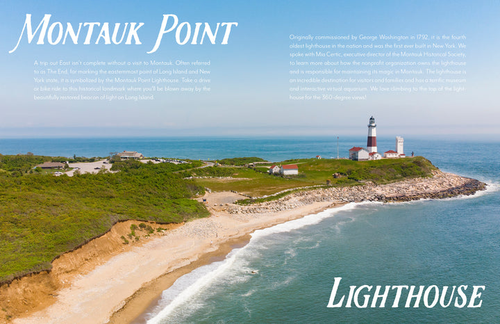 Aerial view of Montauk Point Lighthouse on a rocky cliff above the ocean, featured in "Out East from Above" by Schiffer Publishing, Ltd.—a stunning addition to any Montauk coffee-table book collection.