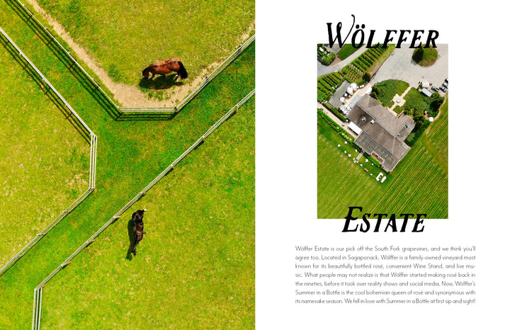 Aerial photography in Schiffer Publishing, Ltd.'s "Out East from Above" showcases two horses in green pastures and Wölffer Estate’s buildings—a breathtaking South Fork Long Island scene ideal for any Montauk coffee-table book.