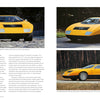 The Mercedes-Benz C 111 by Schiffer Publishing, Ltd. is shown in yellow with a wedge-shaped design from front, three-quarter, and side views—driving on a road and parked on grass with trees and a blue sky in the background.