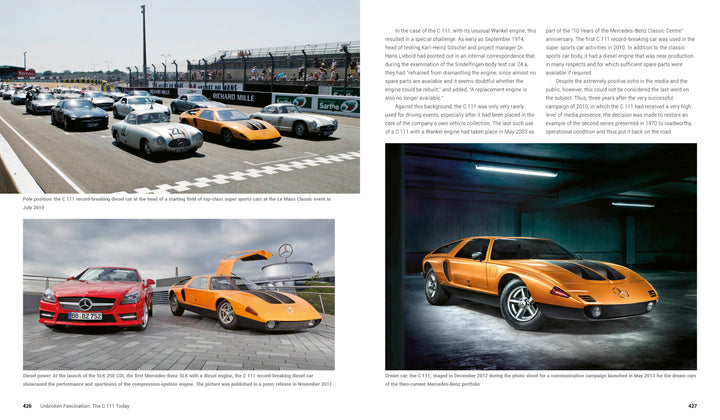 Schiffer Publishing, Ltd.'s Mercedes-Benz C 111 is featured on a racetrack alongside other classic models, highlighting its iconic design and technology, with the C 111 also photographed solo in a studio setting.