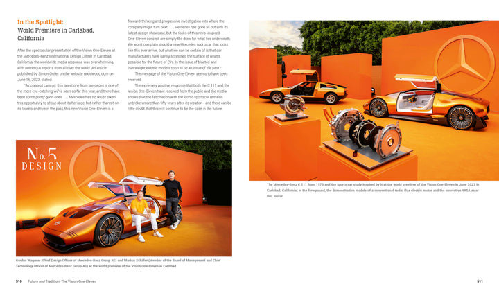 Two people pose with a Mercedes-Benz C 111 by Schiffer Publishing, Ltd., its gull-wing doors open. Behind them are a Mercedes sports car and SUV. The Wankel rotary engine parts are displayed to the right, against an orange backdrop.