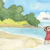A child in a red dress greets the ocean with joy, arms raised, while three adults and another child explore the sandy beach under a blue sky. "Hello, Beach!" by Schiffer Publishing, Ltd. captures the magic of a seaside adventure.