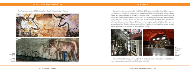 Two pages from "Transit Tourism" by Schiffer Publishing, Ltd. display prehistoric cave art and a red-rock walled Stockholm subway, tracing the city’s journey from ancient dwellings to its modern metro architecture.